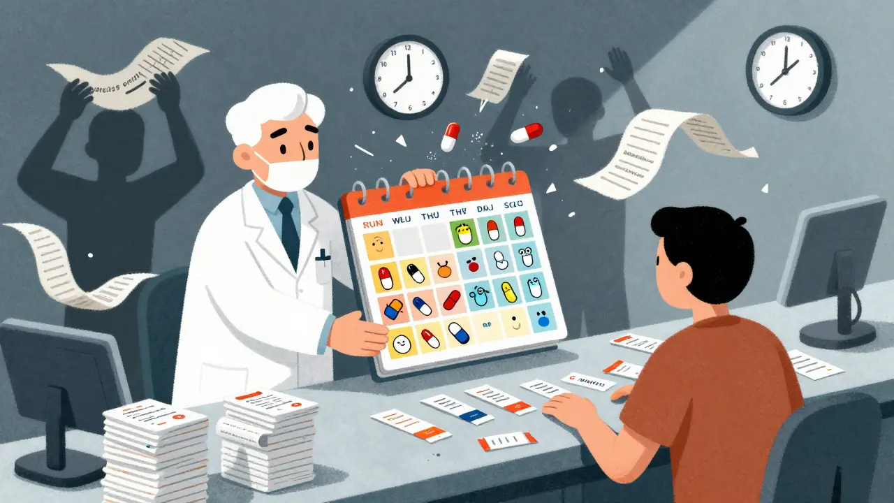 A pharmacist handing a patient a colorful visual schedule with pill icons and clocks, while confusing text crumbles away.
