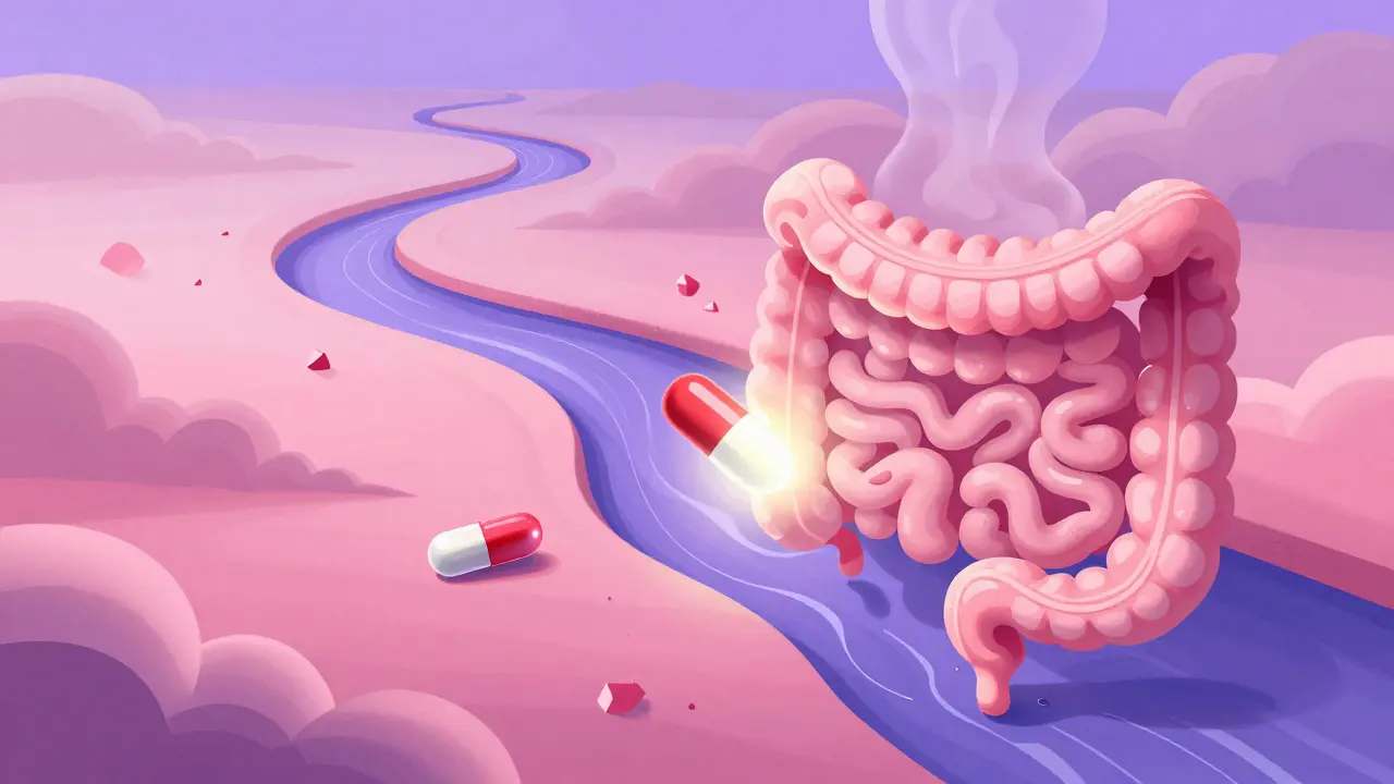 Abstract view of pill blocked by protein and minerals in digestive tract.