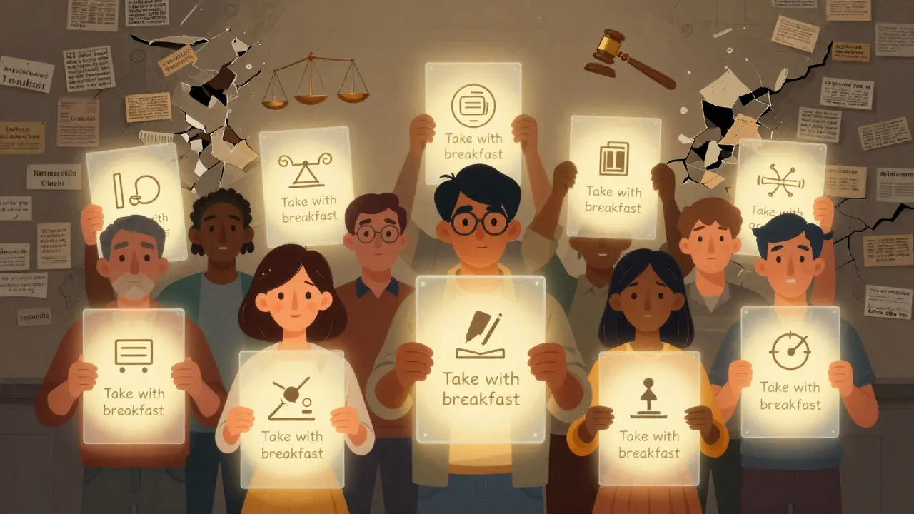 Diverse people holding glowing clear medication instructions as outdated labels fall apart behind them.