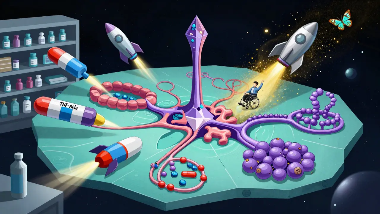 Fragmented immune system map with colorful biologic rockets targeting specific cells, biosimilars as mirrored versions.