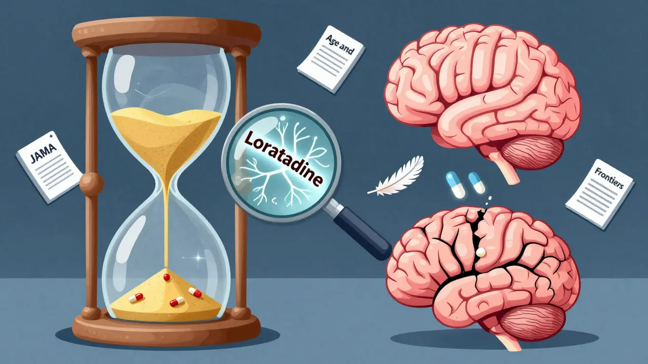 Giant hourglass with pills as sand: one side dimming brain, other side glowing brain.