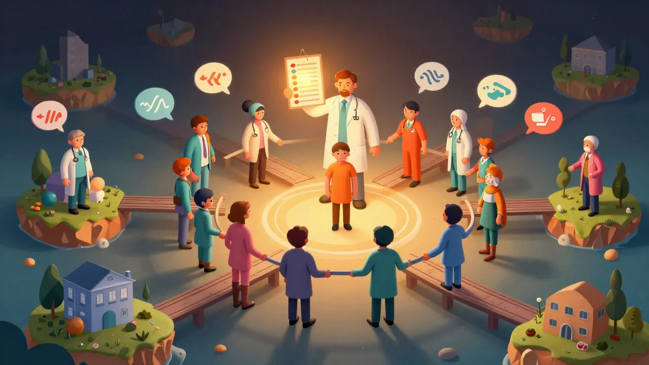 Healthcare team building collaborative bridges across disconnected care facility islands