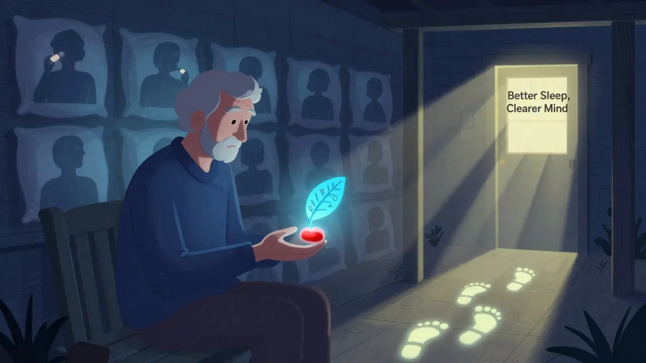 Older adult replacing a red pill with a blue leaf, symbolizing shift to CBT-I for sleep.