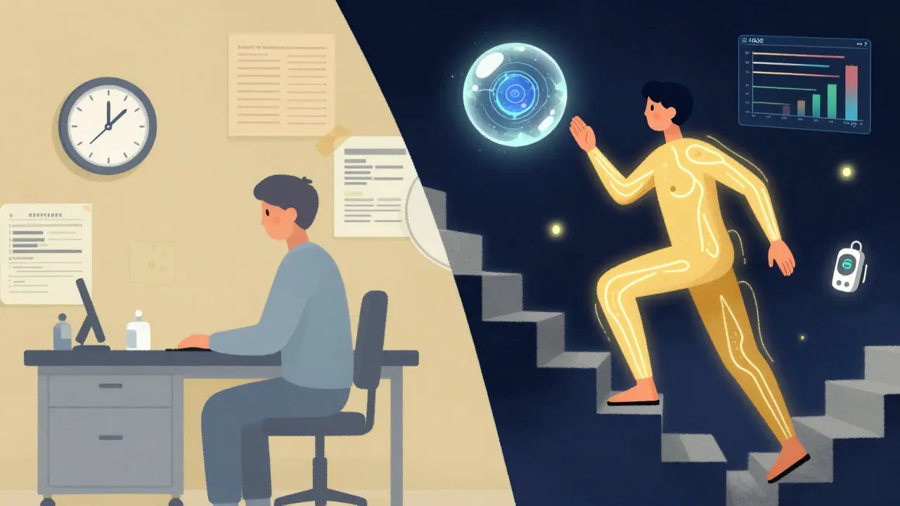 Split scene: one side shows insurance limits, the other shows a person climbing stairs with glowing sensors and data orb.