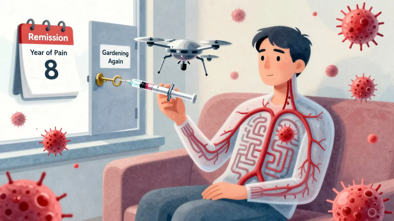 Transparent patient body with biologic drones neutralizing immune cells, a key unlocking a door labeled 'Remission.'