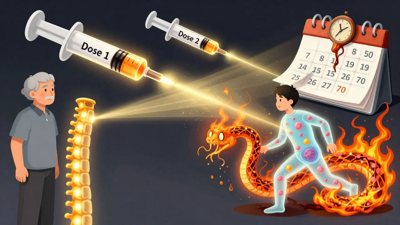 Two glowing syringes fire golden beams into spines, neutralizing a serpent of nerve pain as a melting clock shows aging.