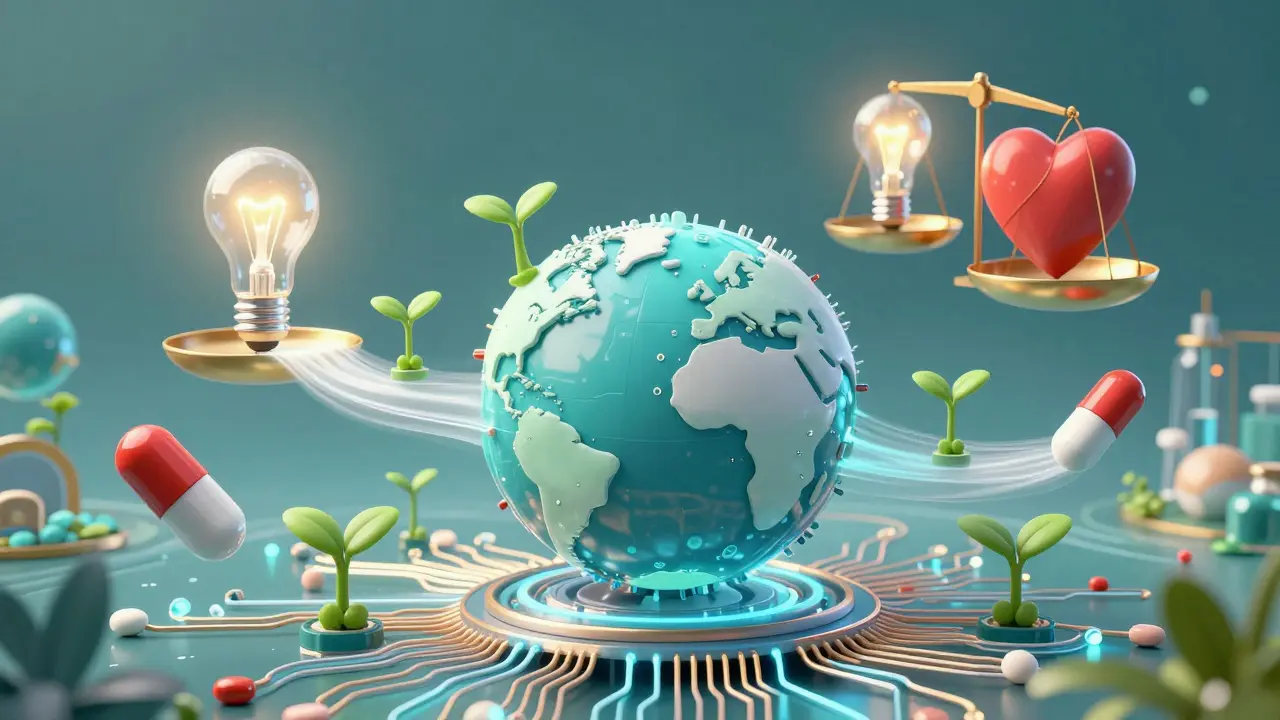 A futuristic globe motherboard producing medicines, with a balanced scale of innovation and health.