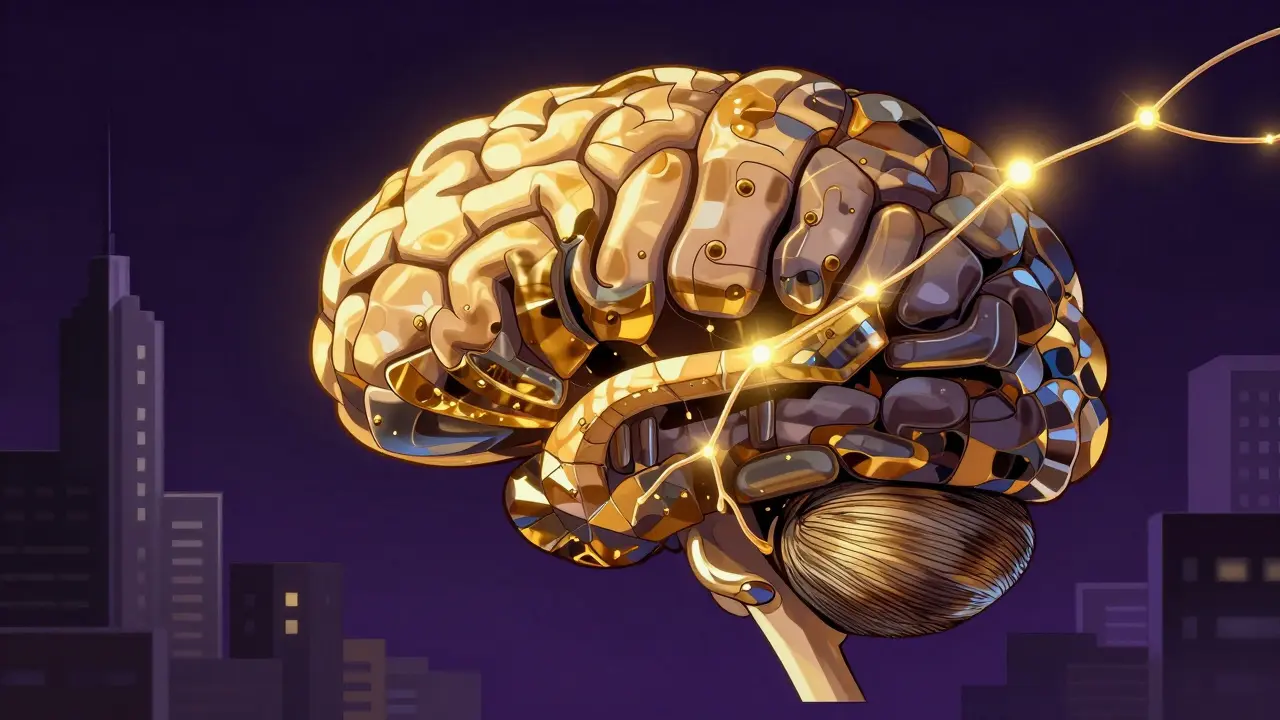 A surreal glass city brain with gold and violet lights representing drug and supplement interactions.