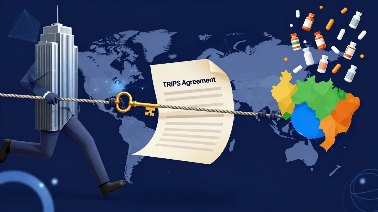 A surreal tug-of-war between a corporate building and a world map over a legal document.