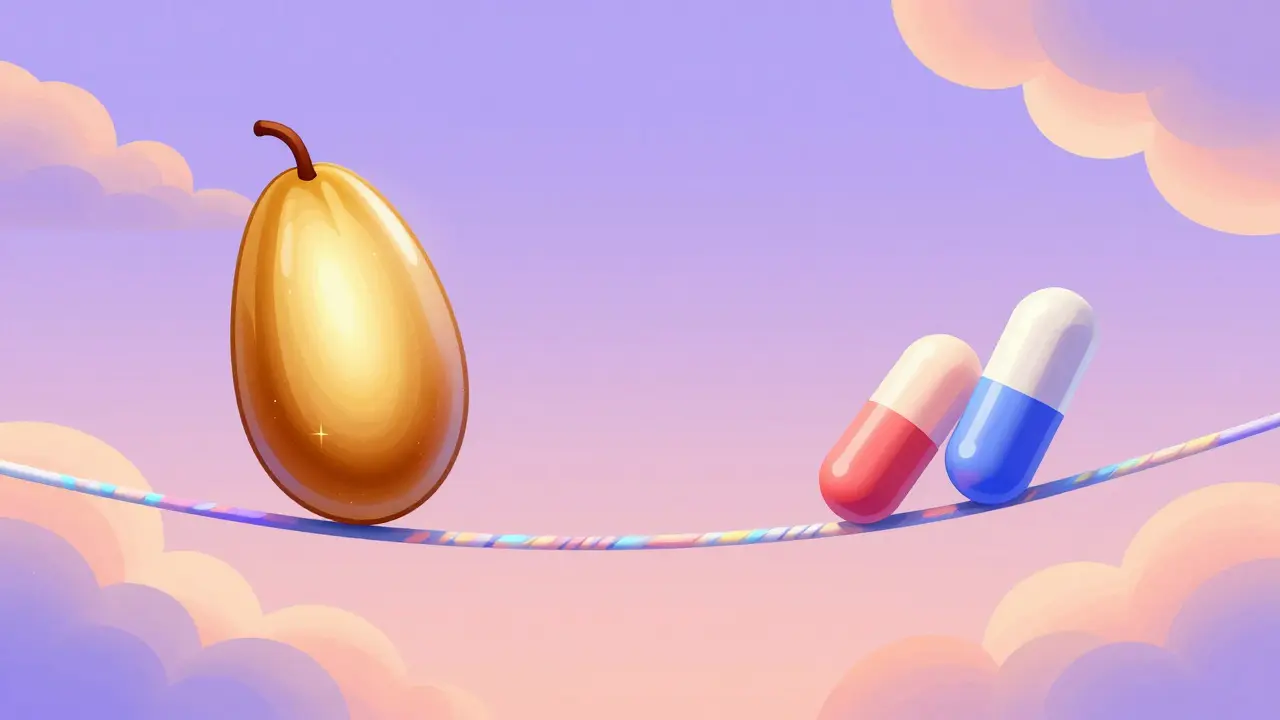 Abstract art of a glowing tightrope balanced between a golden seed and medicinal pills.
