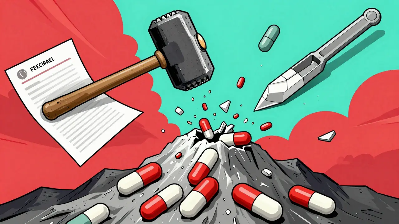 Abstract art showing a hammer smashing pills into fragments to represent aggressive price cutting.