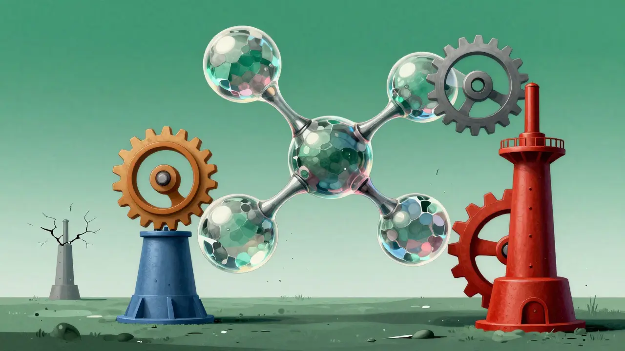 Abstract artwork showing multiple factory gears supporting a fragile biological medicine structure.
