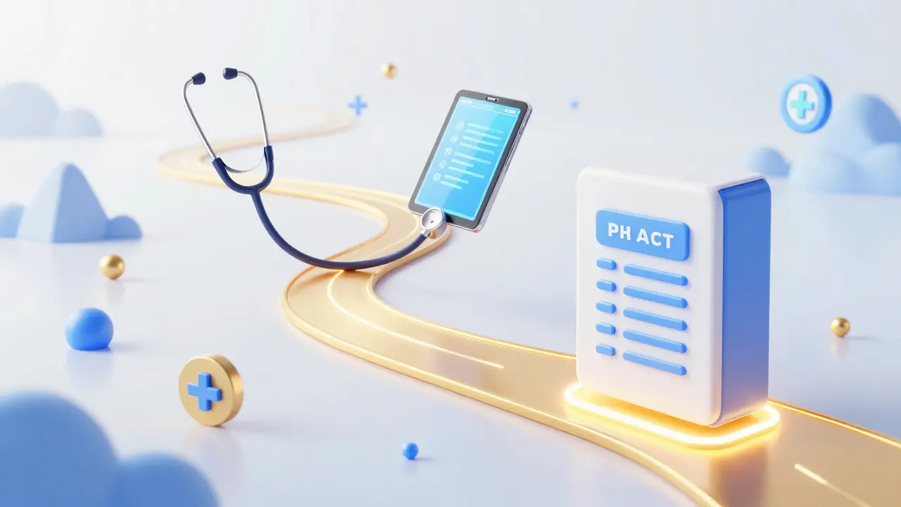 Abstract golden path connecting a doctor's stethoscope to a secure pharmacy package in a white void.