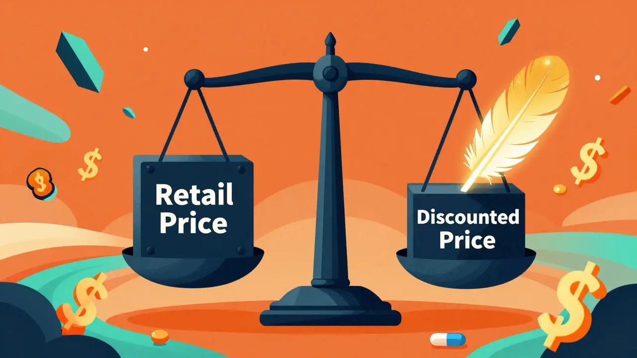 Abstract illustration of a scale comparing a heavy retail price block to a light discount feather.