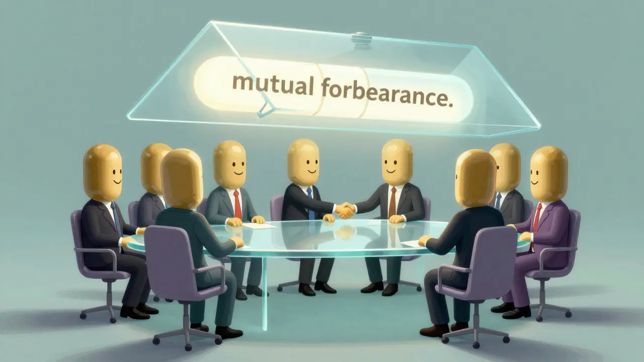 Cartoon of pill-shaped businessmen agreeing to keep prices high under a glowing glass ceiling.
