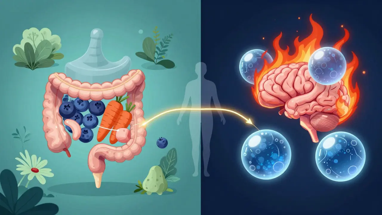 Conceptual illustration of dietary calming foods and medical shields treating a gut-brain connection.