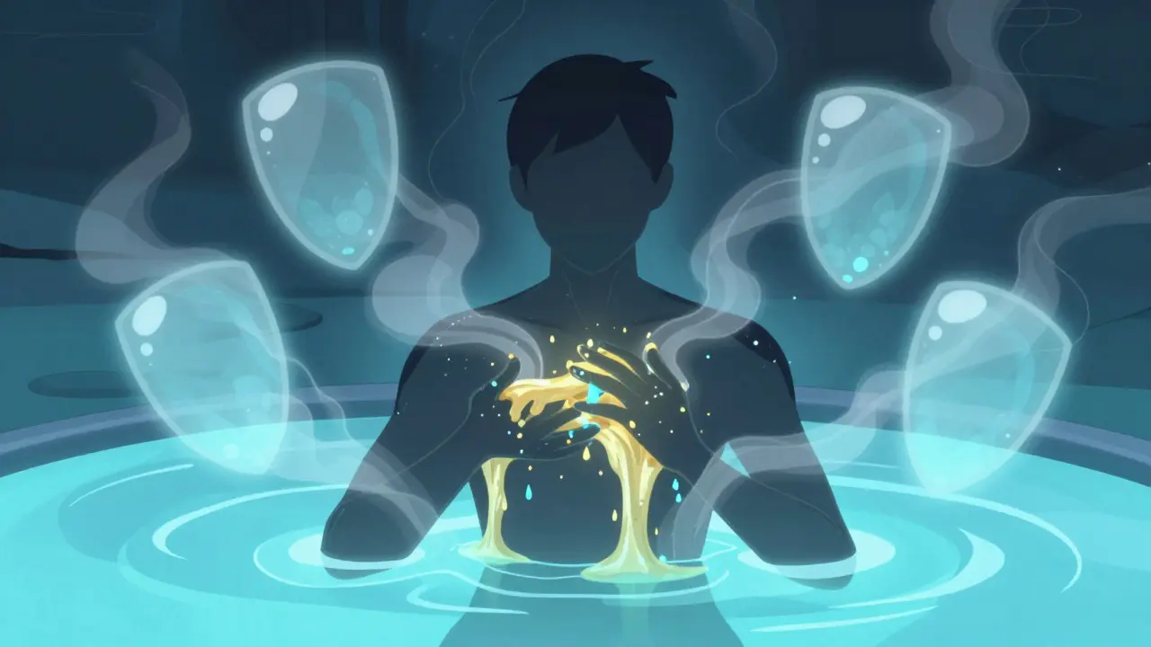 Person leaving bath surrounded by moisture shielding bubbles.