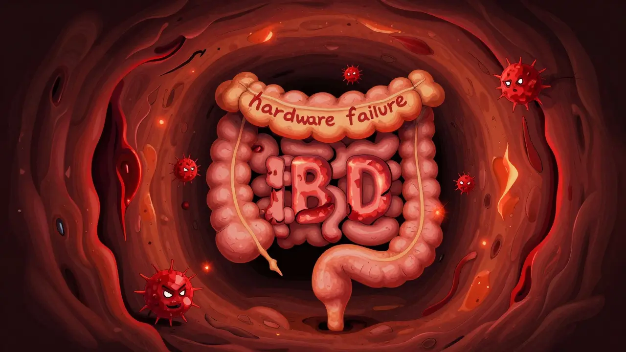 Surreal art showing a tunnel-like intestine with red cracks and sparks representing IBD inflammation.