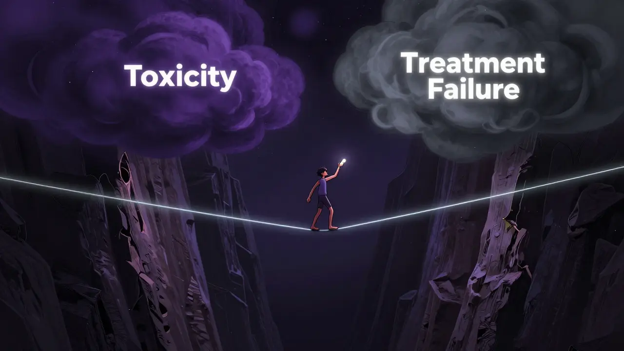 Surreal artwork of a tightrope walker balancing between toxicity and treatment failure.