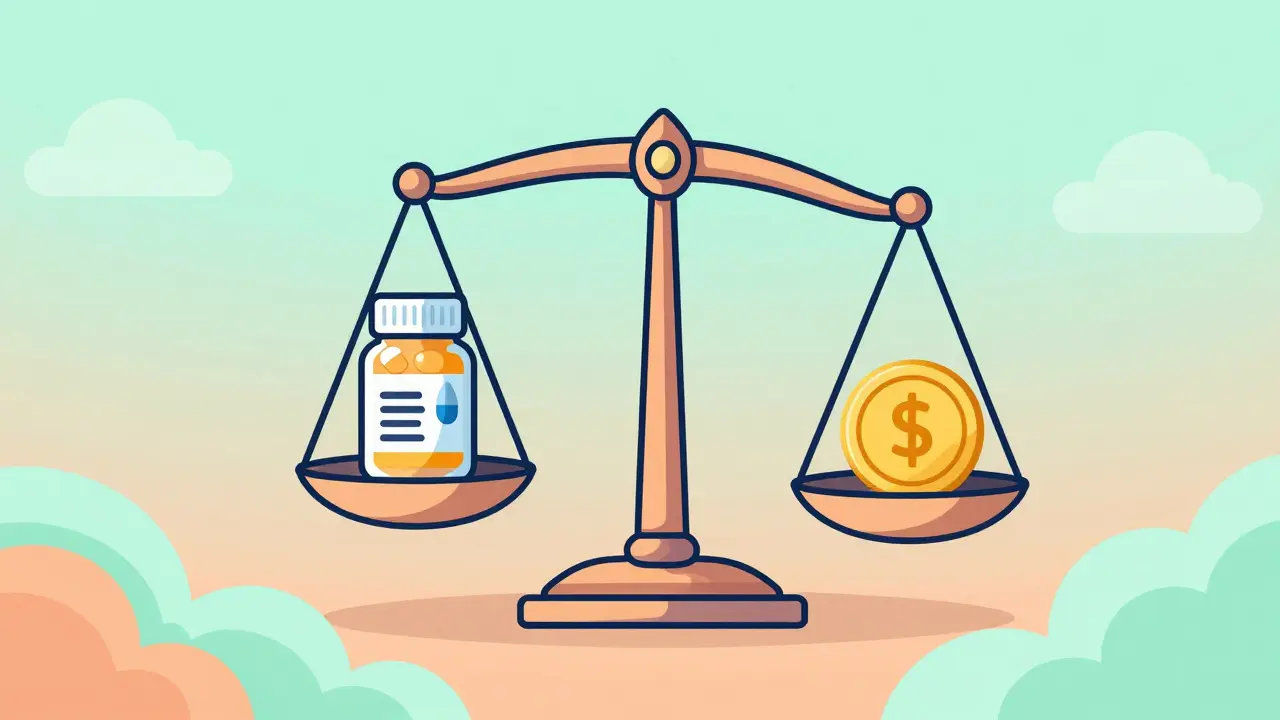 Surreal balance scale weighing a medication bottle against a gold coin and digital coupon.