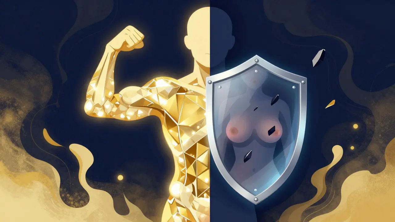 Surreal illustration showing reinforced bones and a protective shield