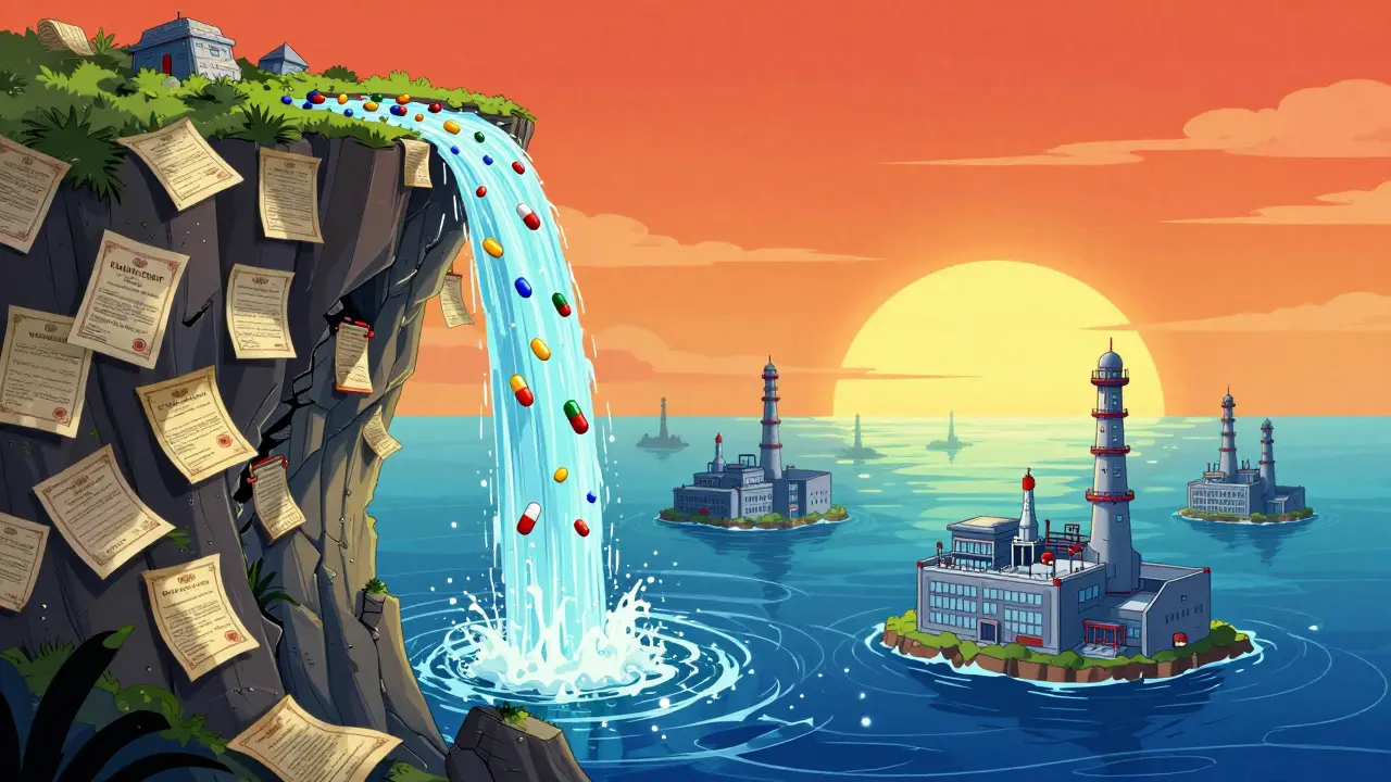 Surreal scene of a patent certificate cliff with pills falling into an ocean toward large factories.