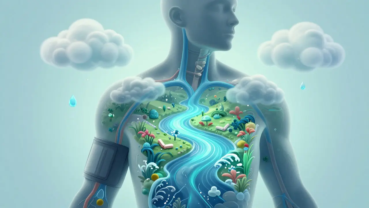 Surreal silhouette showing a calm, flowing inner garden symbolizing blood pressure regulation.